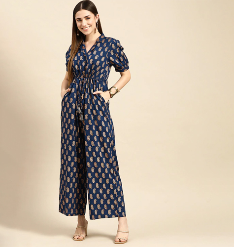 Women Navy Blue & Golden Ethnic Motifs Printed Basic Jumpsuit